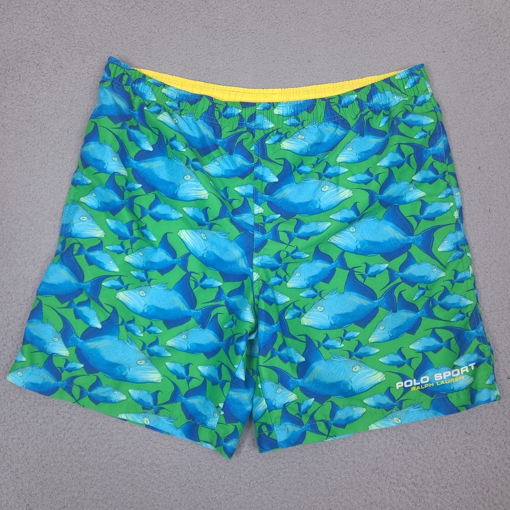 Polo Sport Ralph Lauren Swim Trunks Mens XL 40‎ Waist Fish Shorts Blue Fish VTG